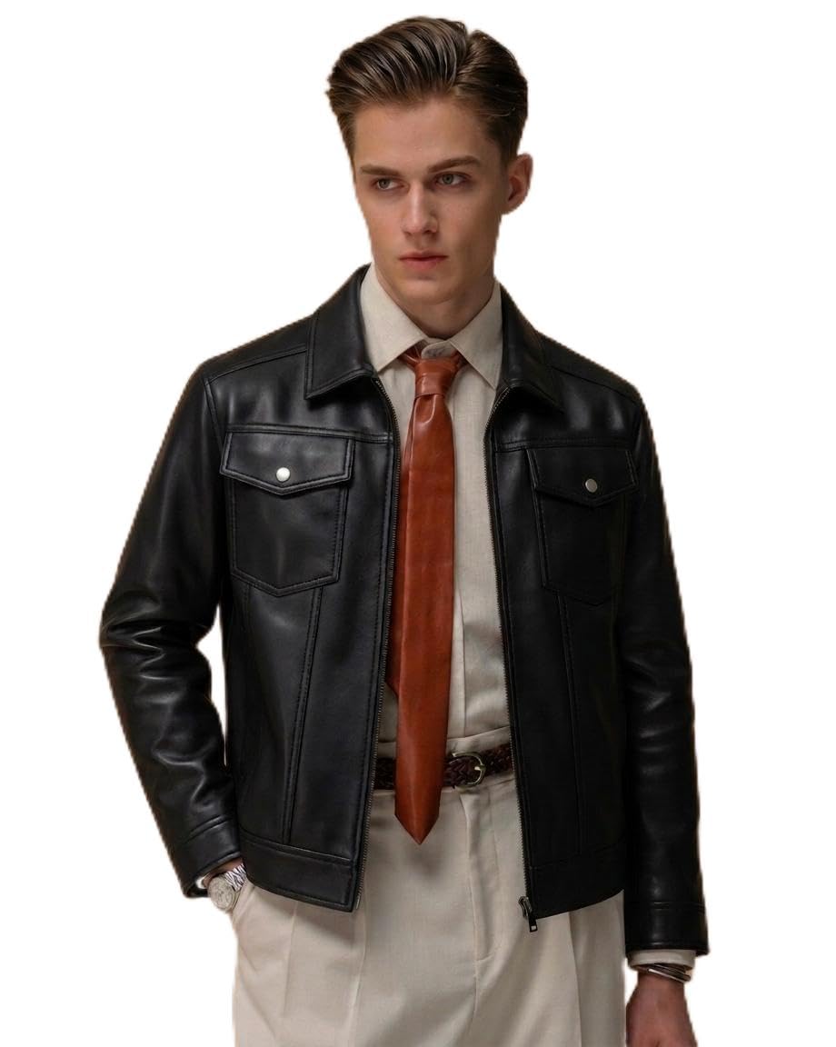 Men's Faux Leather Trucker Jacket | Regular Fit | Shirt Collar | Front Zip Closure | Dual Flap Chest Pockets | Premium Casual Biker Jacket-picture-47