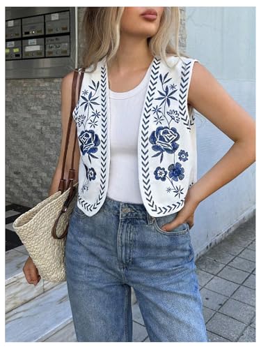 Milumia Women's Floral Embroidery Waistcoat Boho Open Front Sleeveless Jacket Vests2