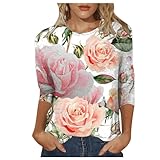 Blusenshirt Damen 3/4 Arm - Damen T Shirt mit 3/4 Ärmeln Pailletten Aufdruck rundem Ausschnitt Blusenshirt Damen 3/4 Arm Elegant
