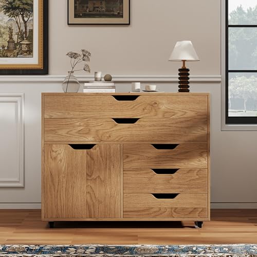 COSTWAY Mueble Archivador de Madera con 5 Ruedas Universales, Cómoda de 5 Cajones con Puerta, Soporte de Impresora, Moderno Gabinete de Almacenaje Vertical Salon Estudio, Oficina (Natural) - imagen 7