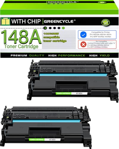 greencycle W1480A Toner Cartridge Replacement Compatible for HP 148A Black Toner Cartridge Work with Laserjet Pro 4001dw 4001dn 4001n MFP 4101fdw 4101fdn Ink Cartridge(2PCS,with Chip)