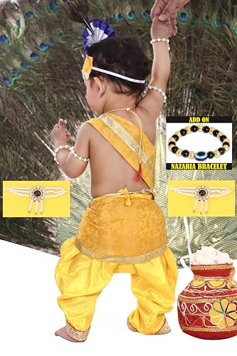 Image of Krishna Dress for Kids, Baby Krishna Dress for Janmashtami with Krishna Mukut, Peacock Feather & Flute Embroidered Krishna Costume for Girl & Boy, 3 Months-8 Years