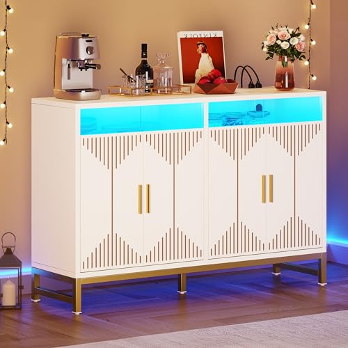 YITAHOME Sideboard Buffet Cabinet with Power Outlet, Modern Kitchen Storage Cabinet w/LED Light, 47" Large Accent Cabinet Cupboard Buffet Table with Storage for Dining Room, Kitchen, Hallway