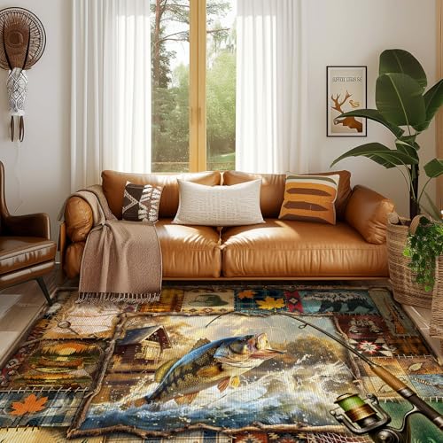 Tapete rústico para sala 5x7 ft con diseño de pesca miniatura 4