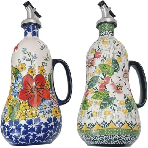 Ceramic Oil Dispenser,Ceramic Jugs,Ceramic Olive Oil Dispenser Bottle 700ml, Hand Painted Olive Oil Bottles, Oil & Vinegar Pots With Stainless Steel Spout(White and Red)