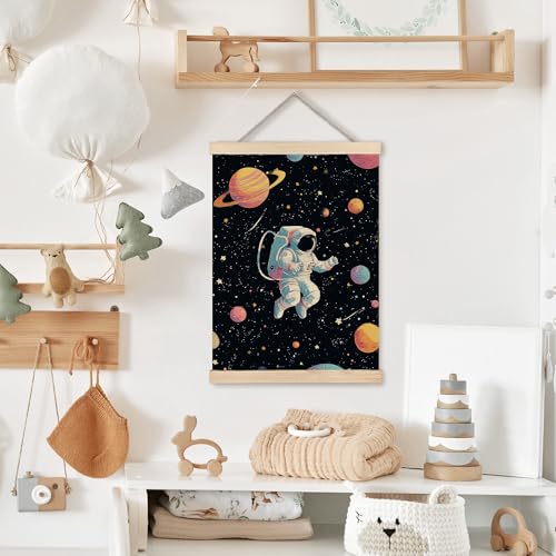 Image of PQKIY Space Astronaut Nursery Kids Wall Art Poster Hanger Frame 12x16 in, Fantasy Outer Space Galaxy Planet Wall Decor Canvas Prints for Home Boys Room Bedroom Nursery