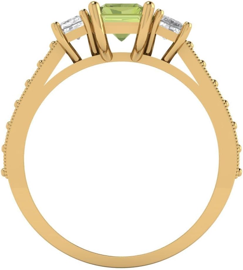 Clara Pucci 14K Solid Gold Ring for Women - 1.88 cttw Emerald Cut Natural Peridot Yellow Gold Three-Stone Anniversary Bridal Ring