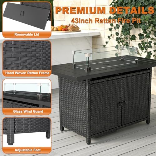 SOINMTY 43 Inch Propane Fire Pit Table, 50,000 BTU Rattan Gas Fire Pit Table with with Glass Wind Guard, Waterproof Cover, Lava Rock .CSA Certification for Garden/Patio/Porch/Backyard. — view 3