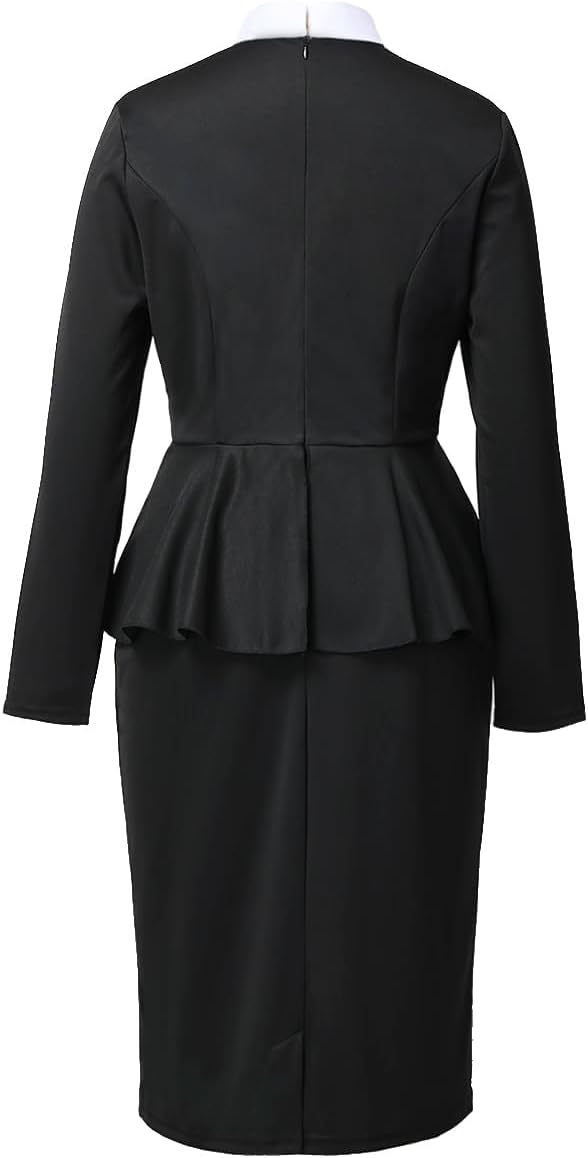 Womens Church Clergy Dress Spring/Autumn Long Sleeve Ruffle Slim Pencil Dress with Banded Full Collar - Image 4