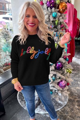 Image of LEMAFER Women 2026 Merry Christmas Round Neck Sequin Letters Sweater Casual Solid Slogan Long Sleeve Pullover Sweatshirt Tops