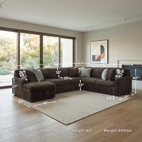 Image of Signature Design by Ashley Midnight-Madness 4-Piece Sectional with Chaise, Anti-Sag Foundation, Jumbo Corduroy Polyester U-Shaped Sofa for Living Room Comfort, Chocolate Brown, 151 inch W