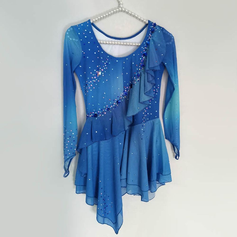 LIUHUO Girls' Competition Performance of Figure Skating Skirt with Blue Gradual Mesh