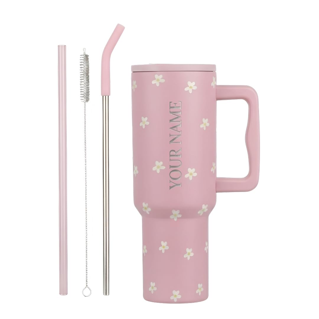 Personalised with Your Name, 1200ml Tumbler with Straw - Handle – Stainless Steel Double Wall Insulated Cup | Leakproof Sipper Mug for Hot - Cold Drinks | Coffee - Water Tumbler (PINK FLOWER CUSTOM)
