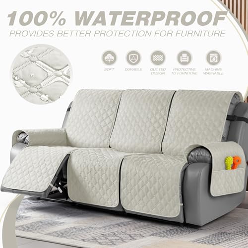 Image of TAOCOCO 100% Waterproof Recliner Covers With Leg Straps, Reversible Recliner Couch Cover For Reclining Chair, Washable Couch Protector For Pets Kids (3 Seater, Off White)