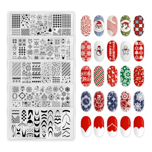 Christmas Nail Stamping Plate Set Winter Snowflake Xmas Snowman Christmas Tree Santa Claus, 5Pcs Nail Art Stamp Kit Templates