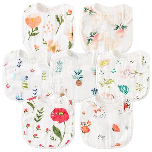 Image of 2ooya 7Pcs Baby Muslin Bibs Baby Burp Cloths Absorbent Cotton Infant Bib Adjustable Resin Button Bibs Flower Pattern Infant Bibs Drooling Feeding Eating Teething Bibs Keepsake Gift for Baby