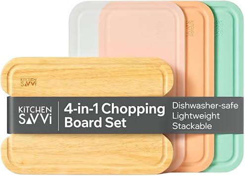 4-in-1 Medium Chopping Board Set With 3 Stackable Plastic Boards: Dishwasher Safe | Lightweight & Ergonomic | Space Saving Storage | Hygienic & Modular Design | Thick & Durable Rubberwood