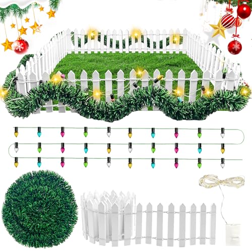 Juego de Accesorios para Puerta de Navidad,Mini Valla Jardin,Valla de Jardín de Madera en Blanca 90x5cm,casa de muñecas luz en Miniatura,Accesorios para casa de muñecas Navidad（Color cálido）