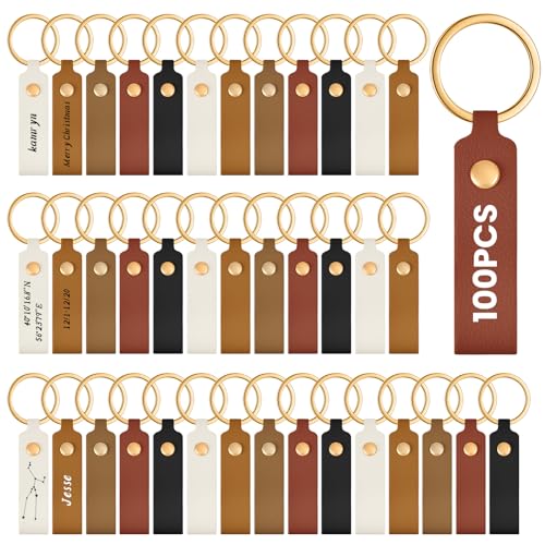 Wavyknot 100 Pcs PU Leather Keychain Blanks Bulk Laser Engraving Blanks Keychain Kit with Key Rings for DIY Key Chains Craft (3.7 x 0.7 Inches,Colorful)