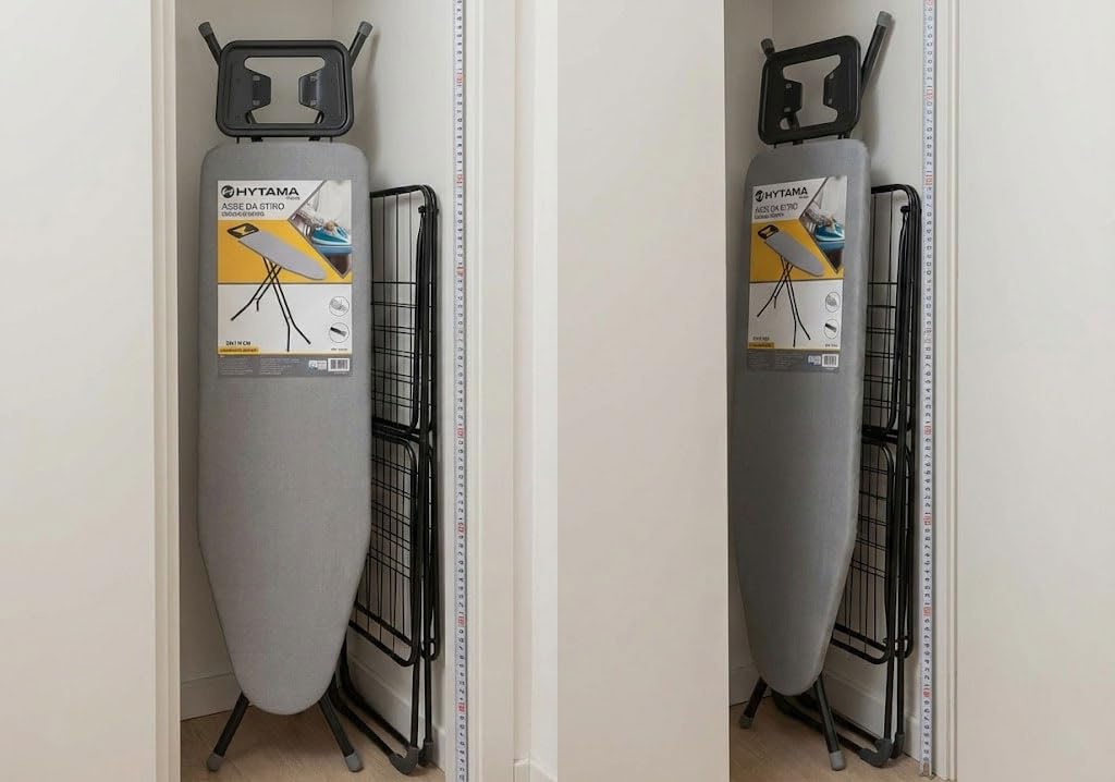 HYTAMA TOOLS - Bügeltisch BRAVA 33 x 110 cm aus Stahl mit klappbarem Hebel, platzsparend mit Bügeleisenablage + Wäscheständer EGE WINGSLUX schwarz für den Boden, 18 m Trockenlänge, Stahl
