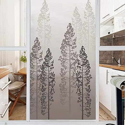 Decorative Window Film,No Glue Frosted Privacy Film,Stained Glass Door Film,Pine Trees in the Forest on Foggy Seem Ombre Backdrop Wildlife Adventure Artwork Decorative,for Home & Office,23.6In. by 35. Cover
