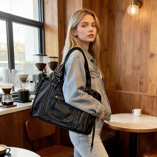 TIAASTAP Vintage City Bag Damen – PU Ledertasche Handtasche Groß Shopper Tasche Y2K Schultertasche Arbeitstasche Uni Japanese School Bag, Damen-Henkeltaschen für Frauen