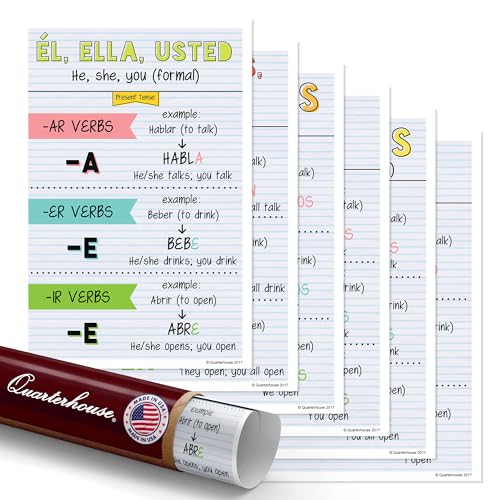 Quarterhouse 6 Poster Spanish Present-Tense Verb Conjugations (Light) Set, Spanish Classroom Learning Materials for Pre-K and K-12 Students and Teachers, 12 x 18 Inches, Made in USA