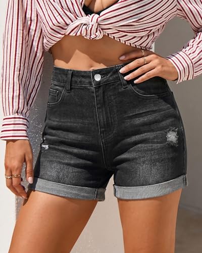 Image of GRAPENT Jean Shorts Womens High Waisted Trendy Cuffed Hem Ripped Stretchy Casual 2026 Denim Jorts Summer Shorts