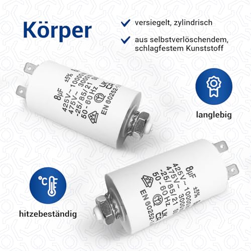VIOKS Kondensator CBB60 450 V 8µF – kondensator rozruchowy LED, kondensator przeciwzakłócający, kondensator silnikowy uniwersalny z flagami wtykowymi AMP 6,3 mm i śrubą mocującą M8 do elektrycznych