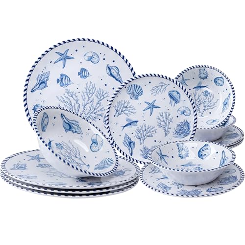 LEHAHA 12-Piece Coastal Melamine Dinnerware Set Service for 4, Unbreakable & Lightweight Round Plates and Bowls Set, Outdoor Dish Set for Patio, Camper, RV, Indoor Outdoor Use with Ocean Printed