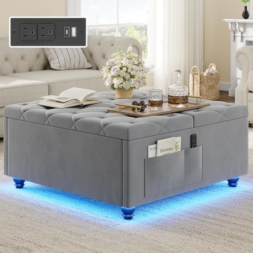 Dnxao Large Ottoman with Storage,2 Side Pockets,Lift Top Tufted Upholstered Ottoman Coffee Table with LED Lights and Charging Station,Ottomans Toy Box Footrest for Living Room,Tray Included,Gray