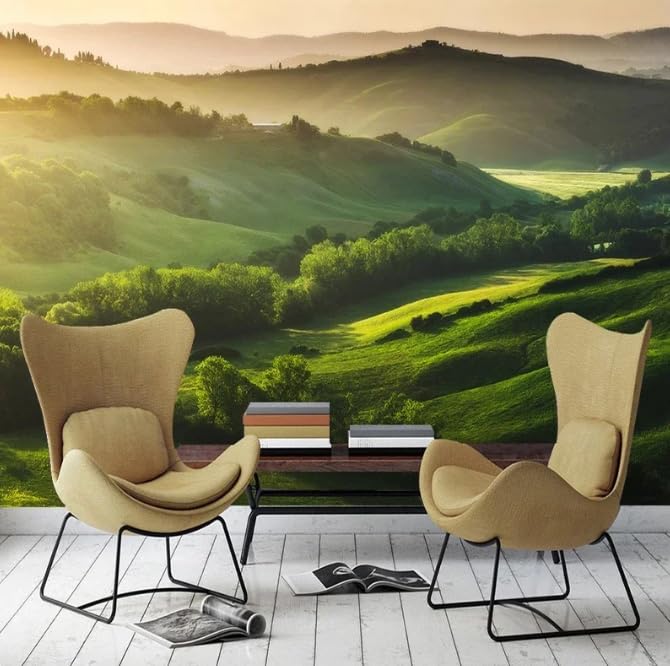 Peinture murale 3d salon paysage vert décor panoramique montagne forêt