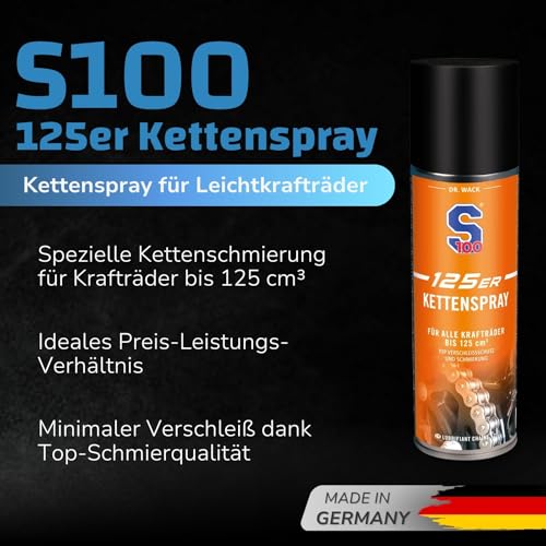 DR. WACK S100 125er Kettenspray 300 ml - Effektiver Kettenschmierstoff - Schutz vor Verschleiß & Korrosion - Kettenspray für Motorräder bis 125ccm - Hochwertige Motorradpflege