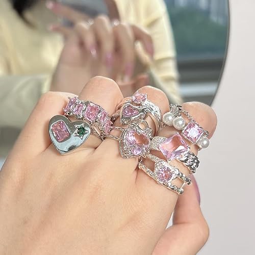 Benbiyo 8Pcs Pink Crystal Rhinestones Rings Set Coquette Adjustable Heart Sparkling Stackable Knuckle Finger Ring For Women Girls #TOP1