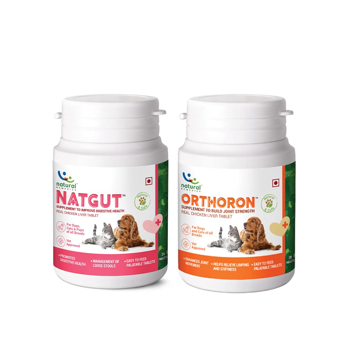 Natural Remedies Combo of Natgut Digestive Health Supplement (20 Tablets) & Orthoron Joint Strength Supplement (28 Tablets) with Real Chicken Liver for Dogs, Cats & Puppies of All Breeds (Pack of 2)