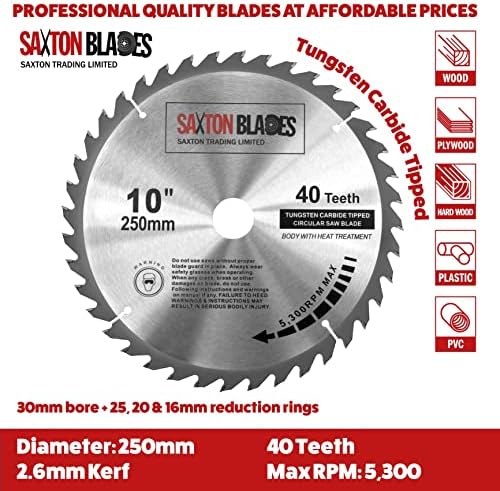 Saxton 2 x TCT Circular Wood Saw Blade 250mm x 30mm 40 & 60T for Bosch, Makita etc fits 255mm saws