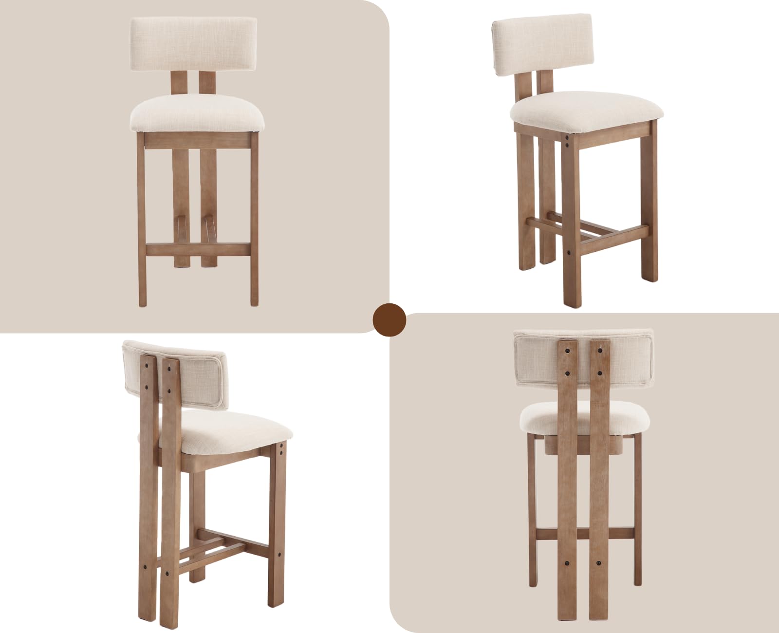 chairus Juego de 2 Taburetes de Bar de Madera con Asiento de Lino, Beige | Patas de Madera, Respaldo Curvo, Cojín Grueso, Sin Brazos Para Isla de Cocina