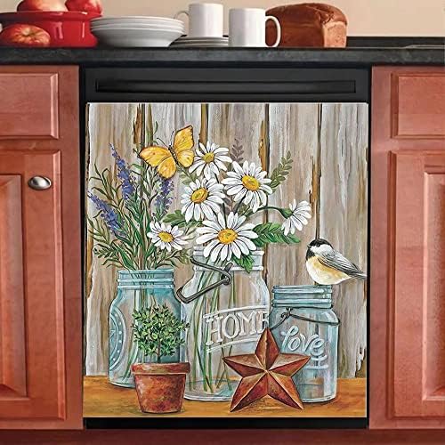 Awak Bless Home Daisy Magnet Dishwasher Door Cover,Barn Dishwasher Magnetic Kitchen Decorative,Butterfly Bird Fridge Decal,Daisy Blossom Refrigerator Sticker Home Appliance Vinyl Panel 23*26inch