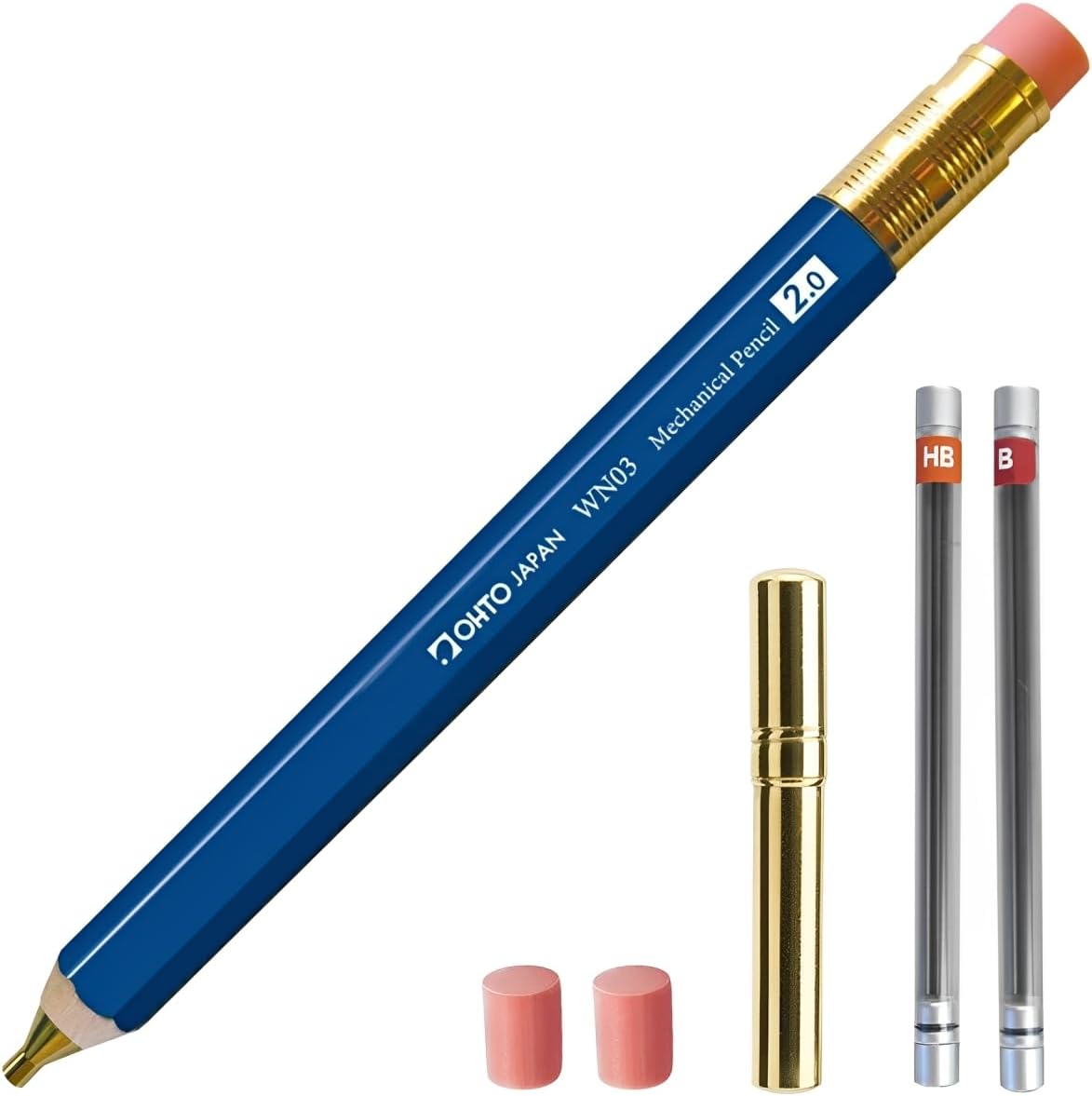 WN03 Wooden Mechanical Pencil Set, 2.0mm Extra Bold, Thick Barrel, Incense Cedar Blue Pencil with Lead Refills (HB, B), Eraser Refills, and Brass Sharpener for Writing, Sketching, Drawing