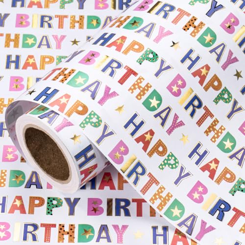 RUSPEPA Gold Foil Happy Birthday Wrapping Paper Roll, Mini Roll, Colorful Typography Letter Design Gift Wrap Paper for Kids, Boys, Girls, Women, Men, Birthday Party, 17 Inches x 9.8 Fee