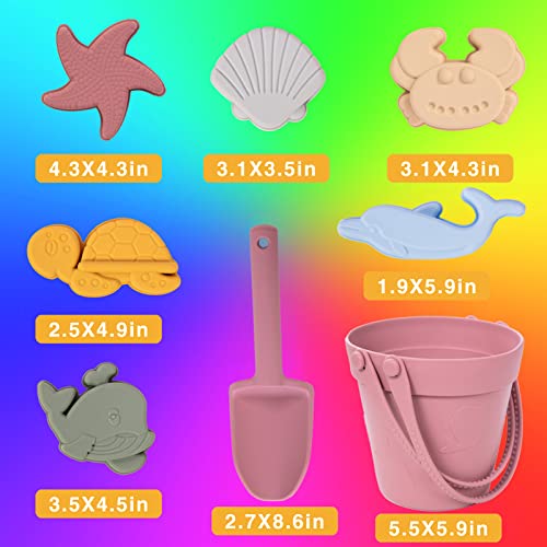 Garnome 9Pcs Silicone Beach Toys, Beach Toys With Sand Bucket, Shovel, 6 3D Marine Theme Molds And Portable Mesh Beach Bag, Outdoor Sandbox Toys Set For Toddlers, Kids 3-8 (Purple Pink) #TOP6