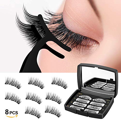 Beauty HAO 2019 Upgraded Magnetic Eyelashes,0.2mm Ultra Thin Magnet, Light weight & Easy to Wear, Best 3D Reusable Eyelashes with Three Magnet (8 PC with Tweezers）