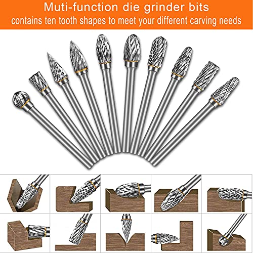 Hakkin 10Pcs Tungsten Carbide Steel Double Cut Rotary Burrs Set for Dremel Accessory 1/8" Shank Die Grinder Bits Rotary Tool Accessories for DIY Wood Carving, Metal Polishing, Engraving, Drilling - Image 2