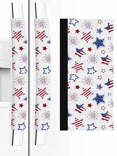 4th of July Refrigerator Door Handle Covers Patriotic Stars Set of 2 Kitchen Appliance Decor Fireworks USA Flag Red White and Blue Handles Cover Protector for Fridge Dishwashers Ovens Microwave