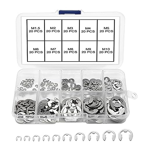 VooGenzek 200 Piezas Anillo de Retención en Forma E, Anillo de Retención Externo, 304 Circlip Surtido Arandela Abiertas, 10 Tamaños M1.5/2/3/4/5/6/7/8/9/10 con Caja de Plástico