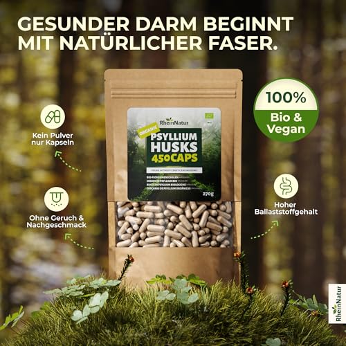 RheinNatur Bio Flohsamenschalen Kapseln - 450 Stk hochdosiert (3.000 mg je Portion) - Hergestellt in DE - Psyllium Husk Ballaststoffe – Flohsamen Kapseln