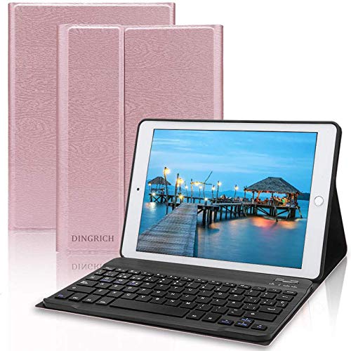 DINGRICH Teclado para iPad 10.2 / iPad 8 Generacion, Funda con Teclado Español Ñ para iPad 10.2 2019 2020 8/7 Generación/iPad Pro 10.5 2017/Air 3,Teclado Bluetooth Desmontable Magnétic Oro Rosa Cover