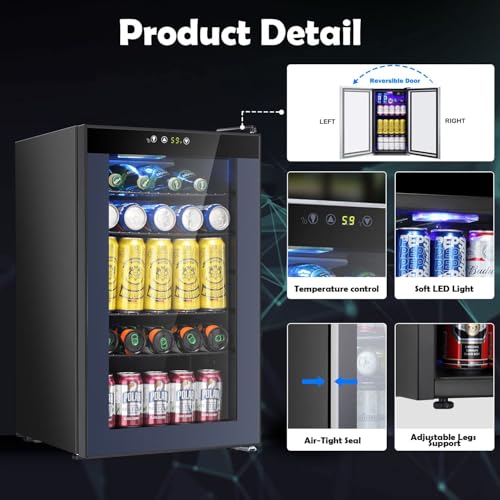 Image of COWSAR Mini Fridge Cooler, 95 Can Beverage Refrigerator with Glass Door, ETL Approved Wine Fridge with Digital Temperature Control, LED Light for Home, Office, Bar, and Game Room - 2.6 Cu.Ft. Black