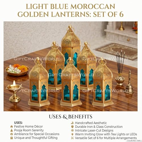 Image of Moroccan Lanterns & Candle Holders for Home Decor - Unique Diwali & Christmas Gifts (Blue, Set of 6)