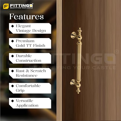 Image of Vintage Royal Main Door Handle | 8 Inch Premium Pull Push Handle for Home, Office, Hotels & Villas | Stainless Steel Gold TT Finish |Hole to Hole 200mm | 3 Years Warranty